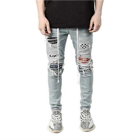 Jeans Fashion Grid Beggar Patches Slim Fit Stretch-MF00631-Veeddydropshipping