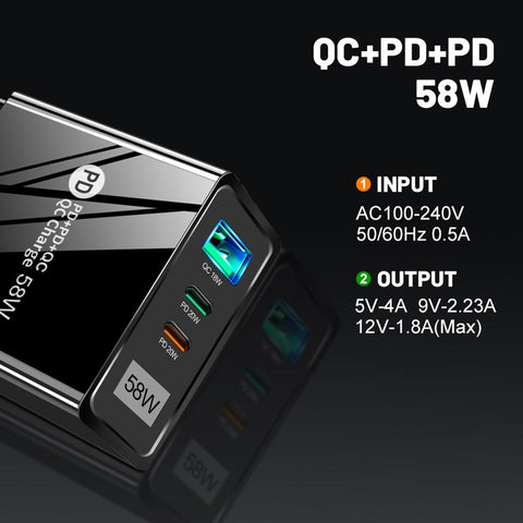 3 Ports Mobile Phone Charging PD Type-C+QC3.0 58W USB Wall Fast Charger US EU Plug-PA00383-Veeddydropshipping