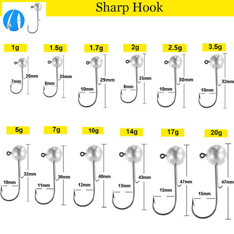 10pcs/lot big head jigs hook 1g-20g All size Round Ball Jig Head Hook Weedless Long Shank -OS00383-Veeddydropshipping