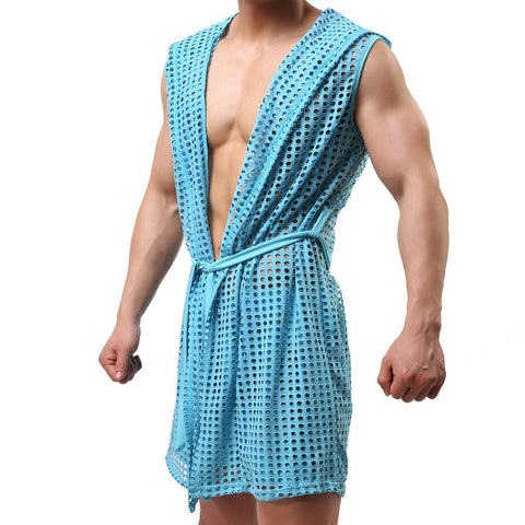 Sexy Men Mesh Bathrobe Sleepwear Short Sleeve Bath Robe Sleep-MF01624-Veeddydropshipping