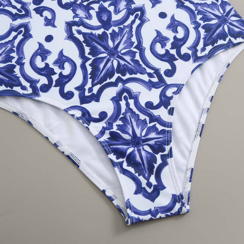 Blue And White Porcelain Tummy Control Underwire Swimsuit Push Up Women Swimwear -OS00139-Veeddydropshipping
