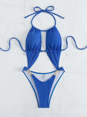 Sexy Blue One Piece Swimsuit Women Solid Hollow Out Metal Chain Thong Swimwear -OS00134-Veeddydropshipping