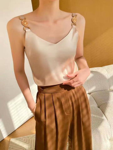 Women T-shirt Silk Metal Buckle V-neck Vest-Veeddydropshipping
