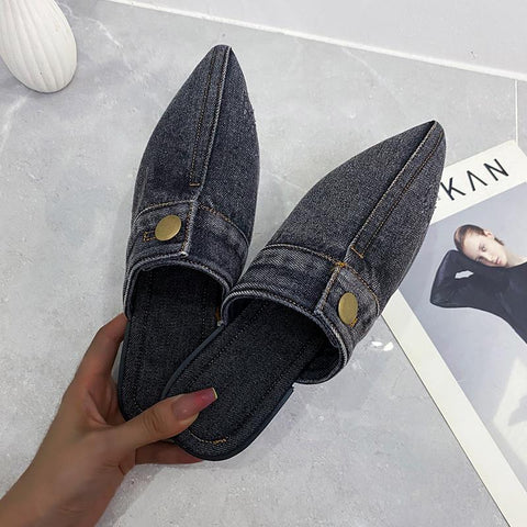 Womens Slippers Denim Round Toe Flat Shoes Female-BS01210-Veeddydropshipping