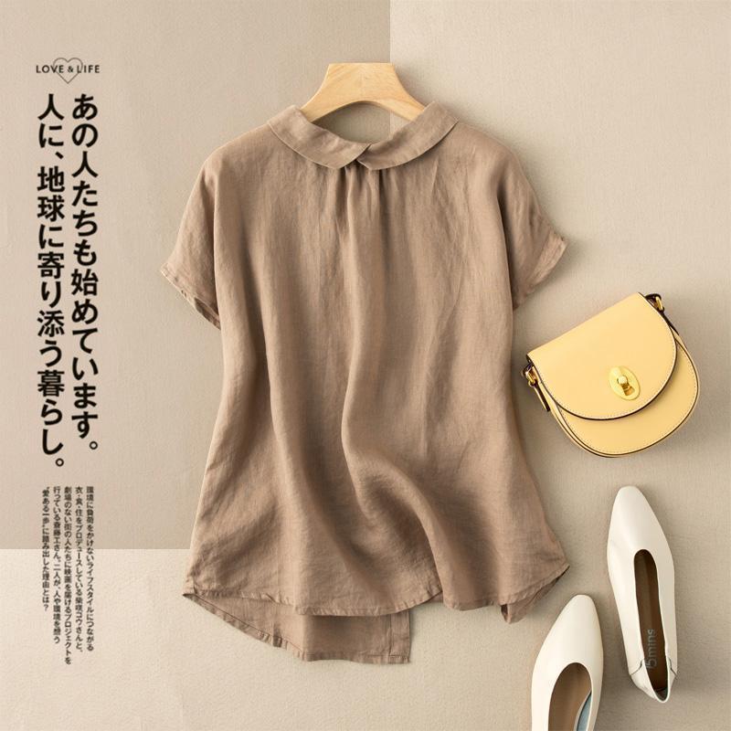 Short-sleeved Cotton Top Vintage Turn-down Collar Solid Shirt-Veeddydropshipping