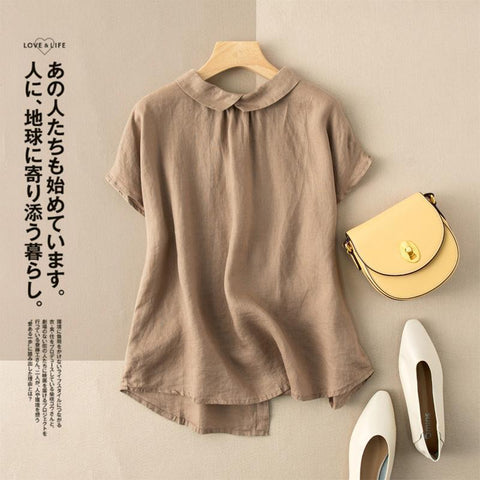 Short-sleeved Cotton Top Vintage Turn-down Collar Solid Shirt-Veeddydropshipping