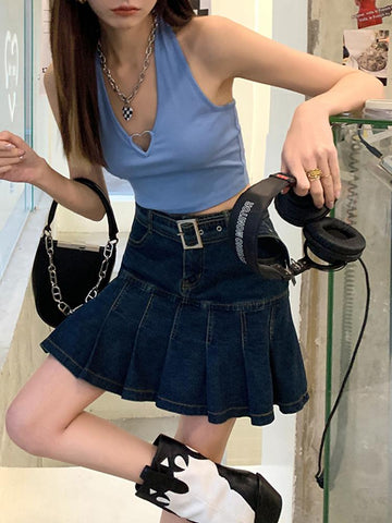 Denim Pleated Women A Line Skirts-WF00640-Veeddydropshipping