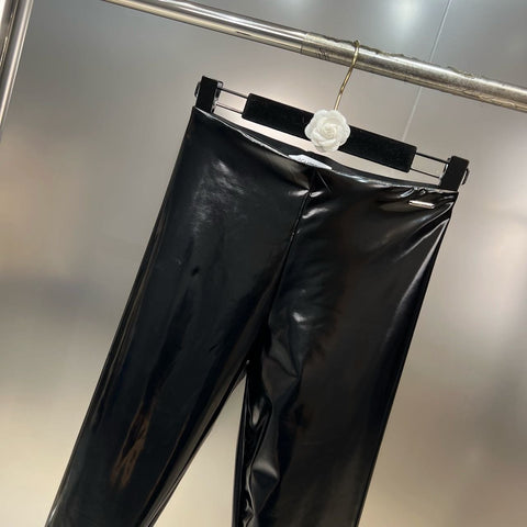 Elastic Waist Bright Pu Faux Leather Pants Women-WF00580-Veeddydropshipping