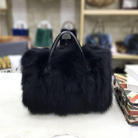 Silver Fox Fur Handbags Genuine Cowhide Hard Handle Big Handbag Full-pelt-BS00056-Veeddydropshipping