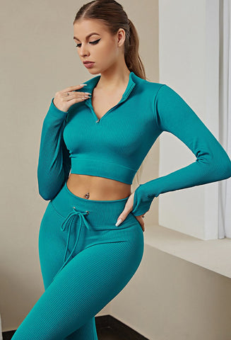 2023 Long Sleeve Crop Shirts Seamless Yoga Sets Women Zipper High Waist Legging -OS00831-Veeddydropshipping