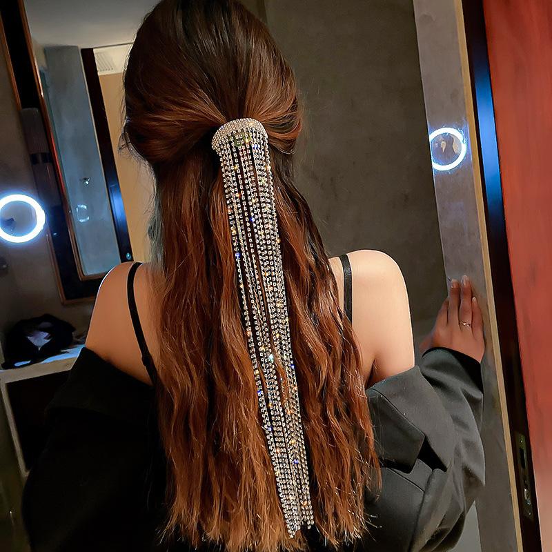 Shine Full Rhinestone Bijoux Long Tassel Crystal Hair Barrettes  -JW00448-Veeddydropshipping