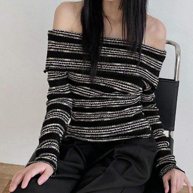 Vintage Horizontal Stripes Long Sleeve Pullover Sweater Women-WF00319-Veeddydropshipping