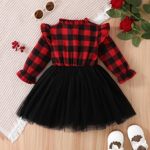 EWODOS 1-5 Years Toddler Girls Christmas Dress Sweet Plaid V-Neck Long-TB00839-Veeddydropshipping