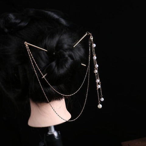 Double Chain Hair Fork Pearl Tassel Hair Stick Hairpin -JW00544-Veeddydropshipping