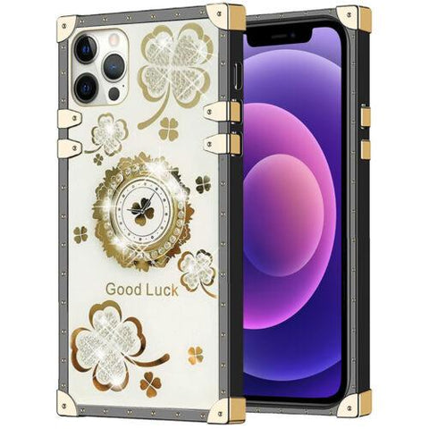 For iPhone 13 14 12 11 XS XR 7 8 Bling Glitter Lucky Flower Square Case + Ring-PA00171-Veeddydropshipping
