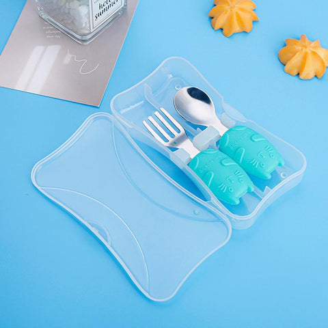 Silicone Baby Spoon Forks Set Cartoon Cat Shaped Dishes for Baby-TB00720-Veeddydropshipping