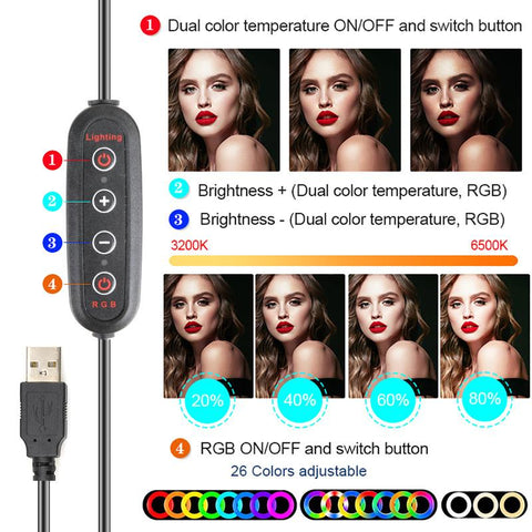 26cm RGB Dimmable LED Selfie Ring Fill Light Phone Camera Photography Lamp For Makeup Video Live Mic Clip Aro De Luz Para