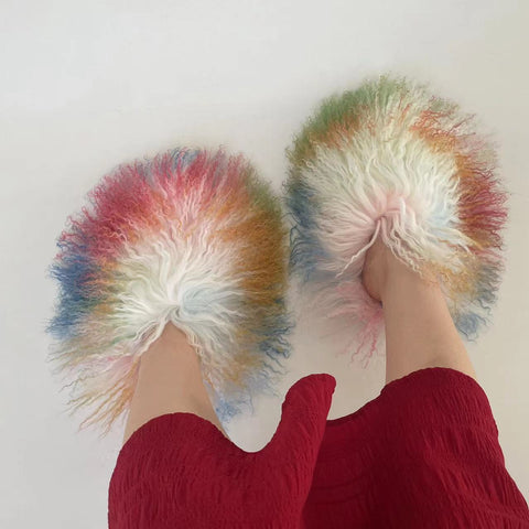 Mongolian Shoes  Luxury Real Sheep Fur Slides Slippers-BS01273-Veeddydropshipping