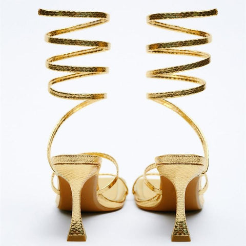 High-heeled Shoes 2022 TRAF ZAZA Gold Spiral Strap Fashion Sandals-BS00887-Veeddydropshipping