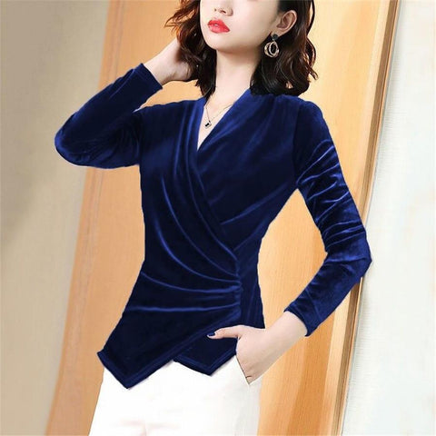 New Women Long Sleeve Velvet T-shirts V-neck Slim-Veeddydropshipping