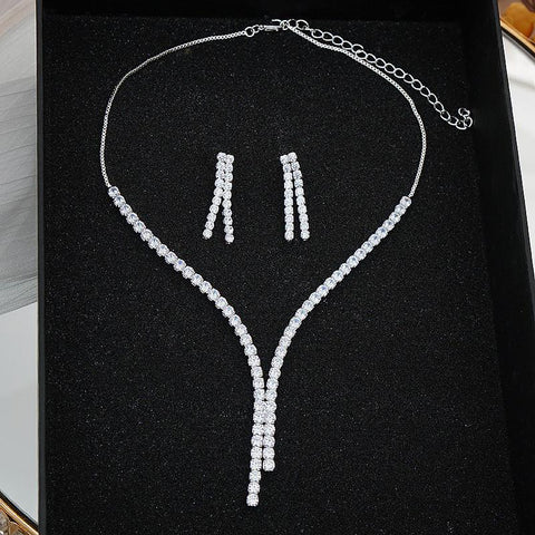Simple Zircon Necklace Earrings Women Crystal Earrings for Wedding-JW01335-Veeddydropshipping
