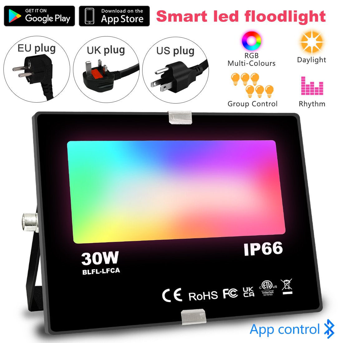 RGB LED Floodlight 30W Bluetooth Outdoor Smart Flood Light 110V 220V-TI00878-Veeddydropshipping