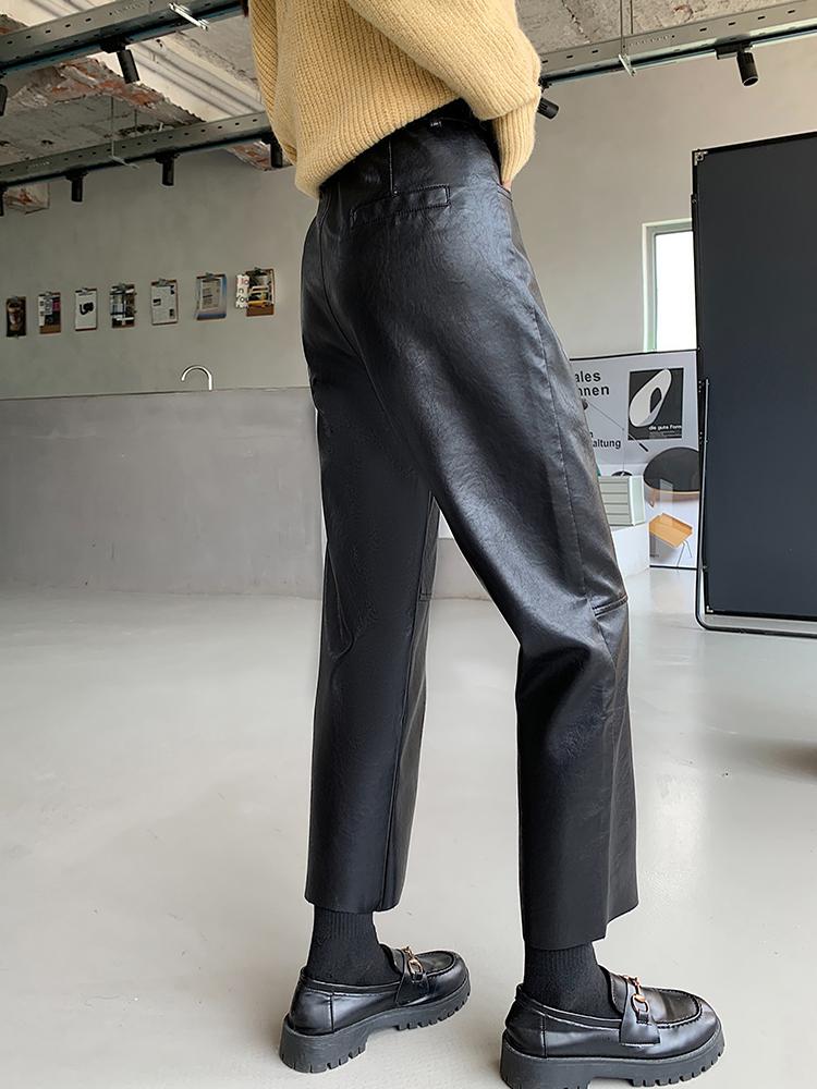 Black Leather Pants High Waist Straight Women Pants-WF00077-Veeddydropshipping