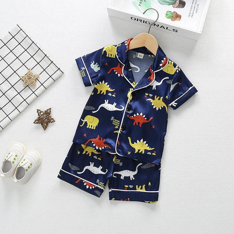 Summer Children Cartoon Short Sleeve+Shorts 2pc Satin Silk Pajamas Sets-TB01052-Veeddydropshipping