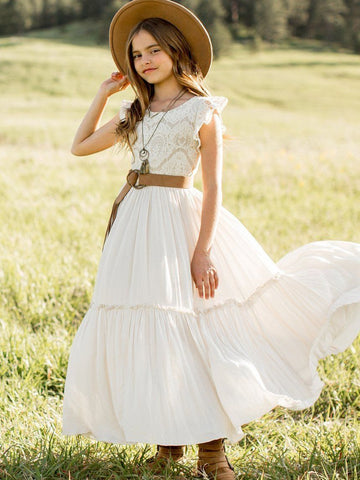 Princess Girls Lace Cotton Long Dresses Baby Kids Flower Girl Wedding-TB00849-Veeddydropshipping