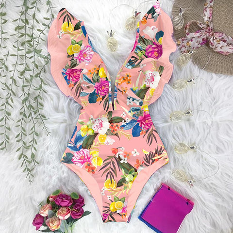 2022 New Print Swimwear Deep V-neck Ruffle Swimsuit Push Up One Piece Swimsuit-OS00066-Veeddydropshipping