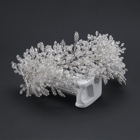 white crystal handmade beaded rhinestone bridal crown  -JW00465-Veeddydropshipping