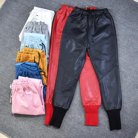 Women pants elastic waist casual leather-WF00514-Veeddydropshipping