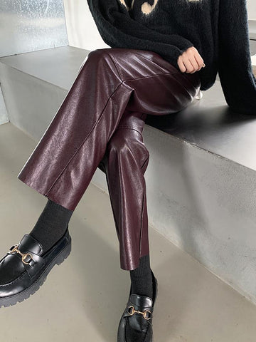 Black Leather Pants High Waist Straight Women Pants-WF00077-Veeddydropshipping