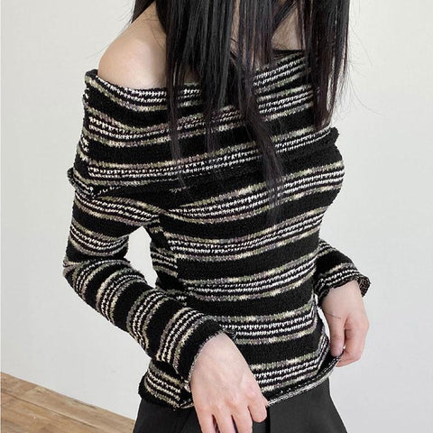 Vintage Horizontal Stripes Long Sleeve Pullover Sweater Women-WF00319-Veeddydropshipping