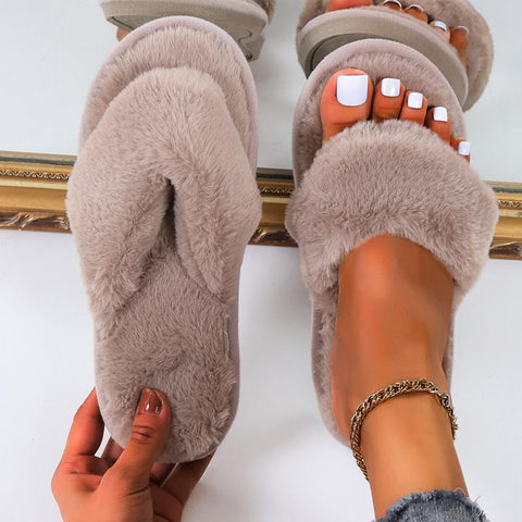 Slippers Rabbit Plush Cross-strap Cotton Sandalias Women-BS01174-Veeddydropshipping