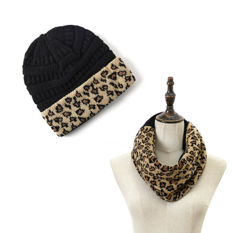 Leopard Print Women Hat And Scarf Set-WF01170-Veeddydropshipping