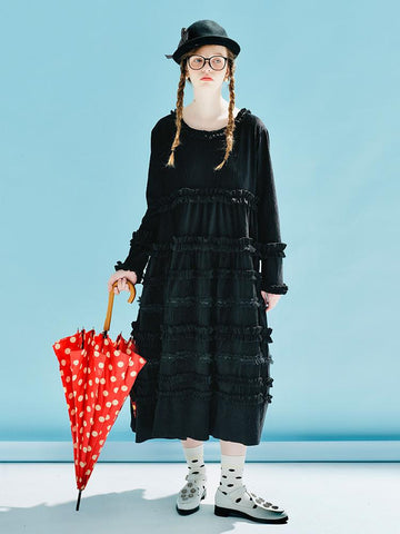 spring black velvet pressed lace neck long dress-WF00091-Veeddydropshipping