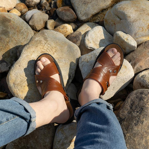 Leather Soled Men&#39;s Sandals Beach Holiday Slippers-BS01555-Veeddydropshipping