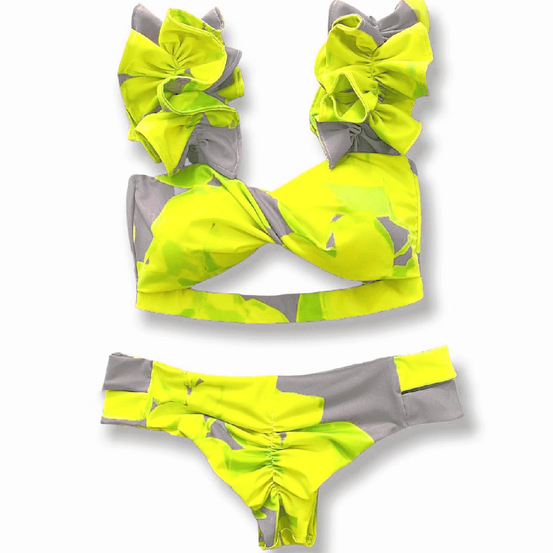 Sexy Bathing Suit Ruffle Strap Biquinis Feminino 2022 Swimwear Yellow Print Swimsuit -OS00067-Veeddydropshipping
