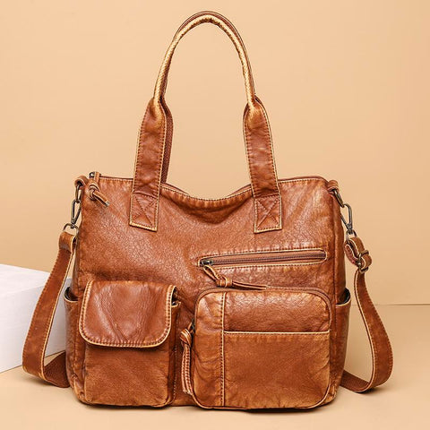 Handbags Pu Leather Soft Tote Bags Large Capacity Brown Shoulder-BS00125-Veeddydropshipping