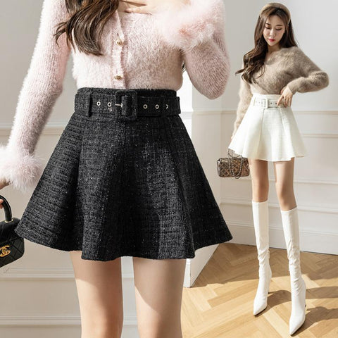 Tweed Pleated High Waist Mini Skirts-WF00615-Veeddydropshipping