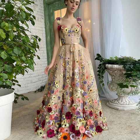 Floral Straps A-Line Evening Gowns-WF01555-Veeddydropshipping