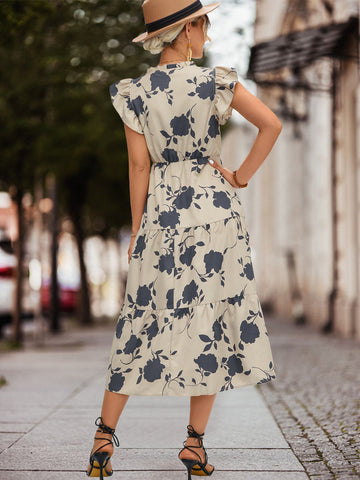 Casual Floral Printed V-Neck Mid-Calf Dress-WF00024-Veeddydropshipping