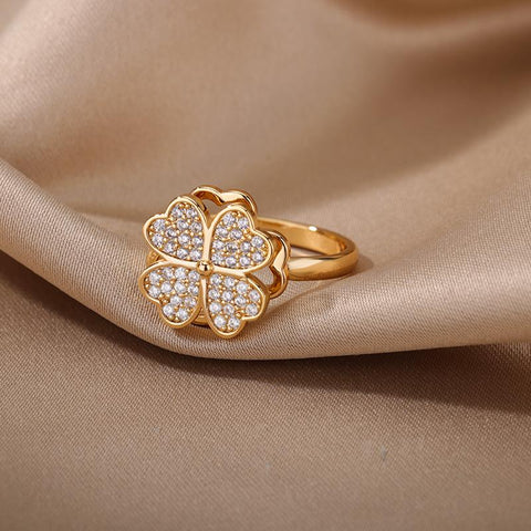 Zircon Rotatable Four Leaf Clover Rings For Women -JW00033-Veeddydropshipping