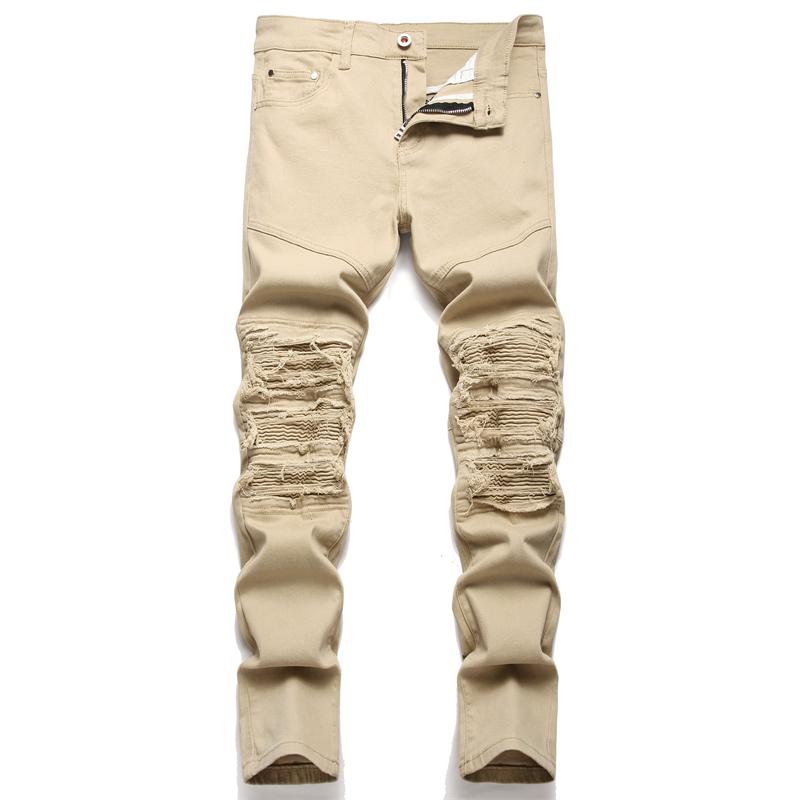 Biker Jeans Pants Slim Fit Pleated Motocycle Denim Trousers-MF00626-Veeddydropshipping