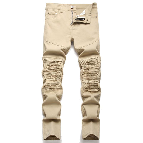 Biker Jeans Pants Slim Fit Pleated Motocycle Denim Trousers-MF00626-Veeddydropshipping