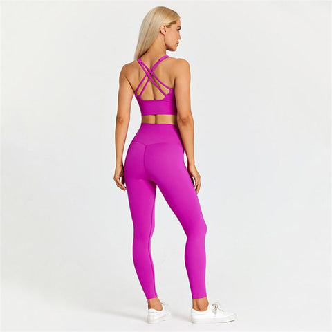 Solid Color Yoga Set Tight Leggings Sports Fitness Cross Gym Bra Top 2pcs -OS00918-Veeddydropshipping