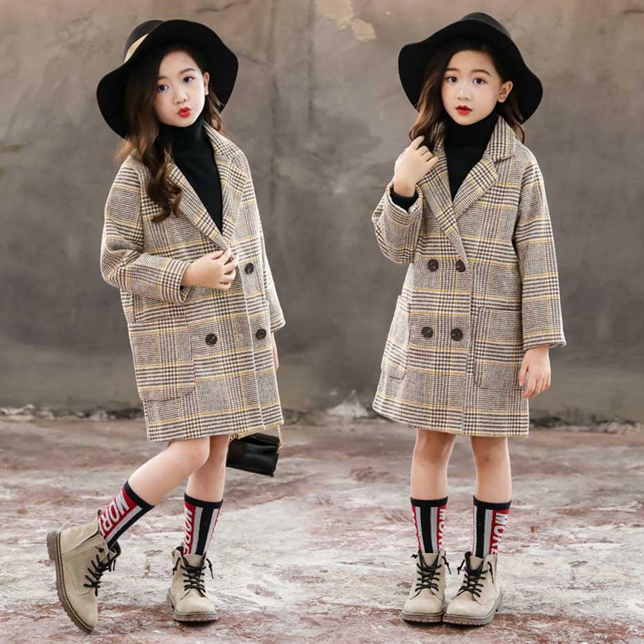 Winter Coat Girls Thick Woolen Jacket Plaid Kids Outerwear-Veeddydropshipping