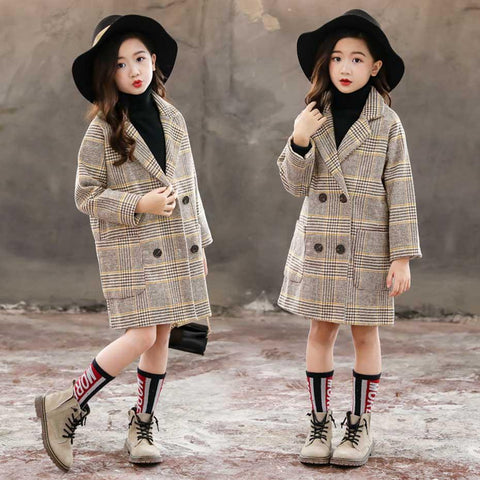 Winter Coat Girls Thick Woolen Jacket Plaid Kids Outerwear-Veeddydropshipping