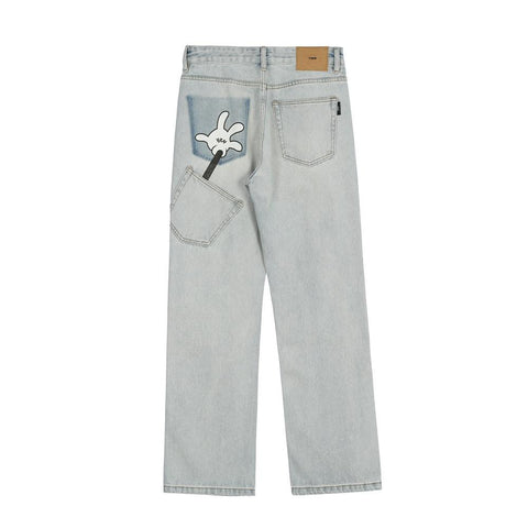 Funny Cartoon Palm Print Jeans Distressed Washed-MF00579-Veeddydropshipping